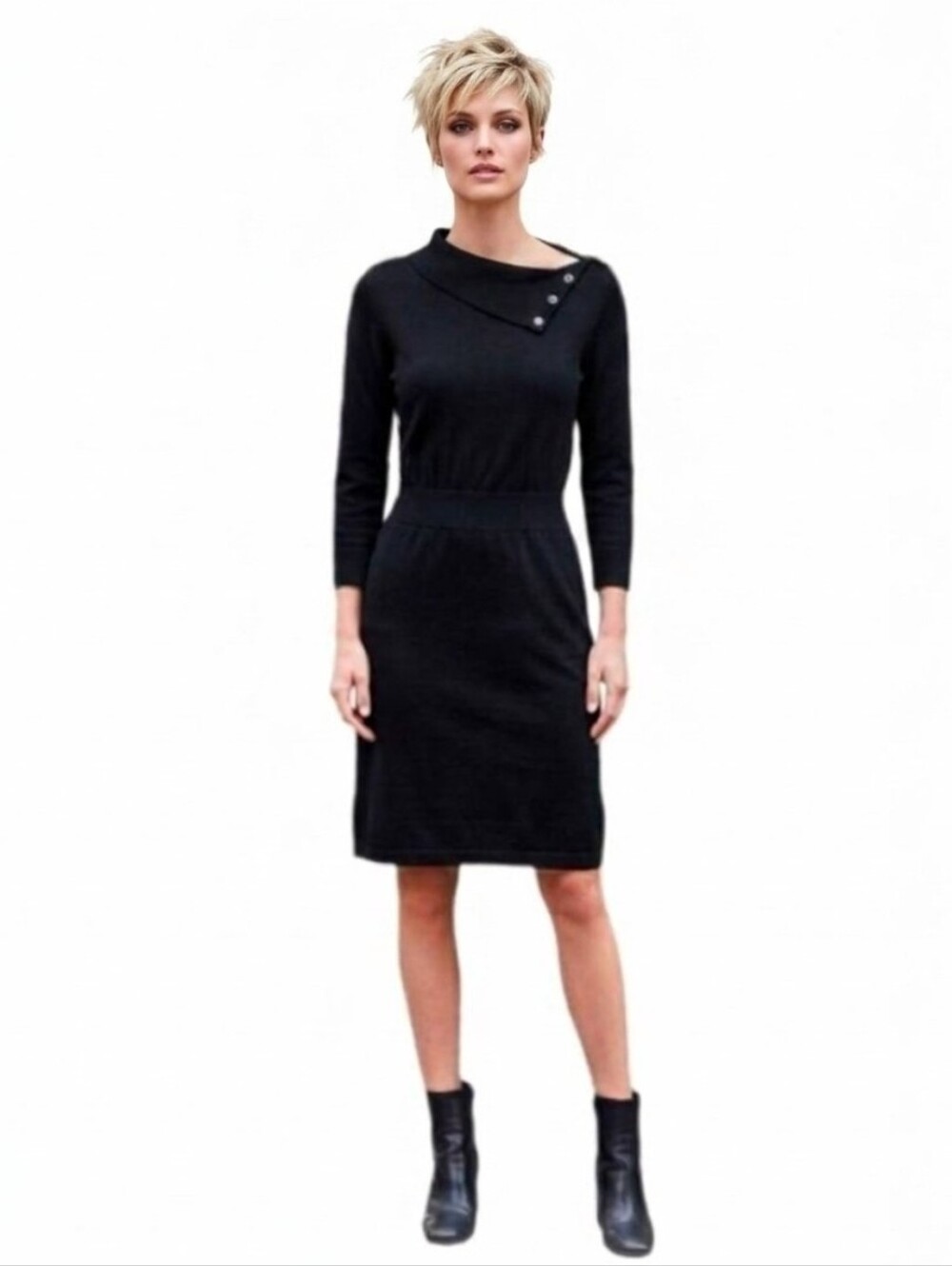 White House Black Market Dress Knit Assymetrical Neckline Black Size M - Picture 11 of 12